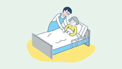 Nursing home, hospital, recuperation, rehabilitation concept happy old woman holding hands with nurse together, doctors in clinic care, help and support patients simple flat vector