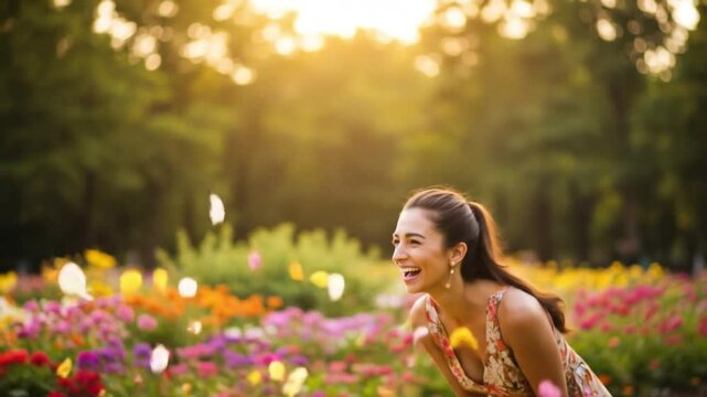 Blissful woman in floral paradise