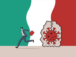 Virus disease outbreak protection failure, COVID-19 virus destroy and break the wall into Italy concept, wrecking ball as COVID-19 pathogen destroy and demolish Italy flag wall, business man run away.