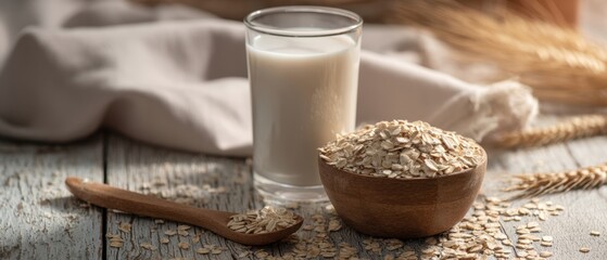 The wholesome beauty of oats and milk on a rustic wooden table.