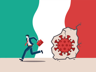 Virus disease outbreak protection failure, COVID-19 virus destroy and break the wall into Italy concept, wrecking ball as COVID-19 pathogen destroy and demolish Italy flag wall, business man run away.