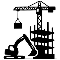 Construction site vector illustration with crane excavator and building silhouette design vector art