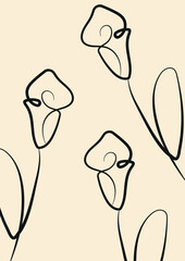 minimalist gift card template with flowers drawn in line art style drawn with contour