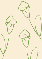 minimalist gift card template with flowers drawn in line art style drawn with colored outline