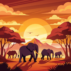Fototapeta premium Herd of Elephants Walking Through Golden Sunset Landscape Illustration