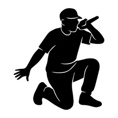 Rapper silhouette vector illustration of performing artist singing with microphone in black and white style