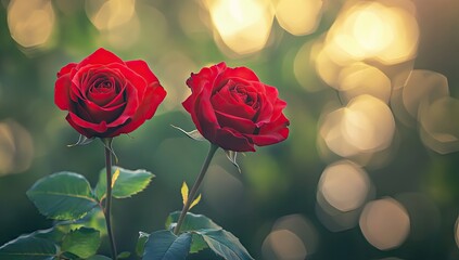 Two vibrant red roses in a garden setting.