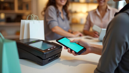 Contactless smartphone payment at POS terminal in store scene AGI ASI
