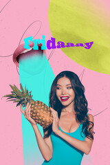3d sketch image vertical collage of happy girl guy dance disco ball friday mood celebration party...