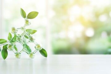 Green Molecular Structure with Leaves on Light Background Symbolizing Eco Friendly Science