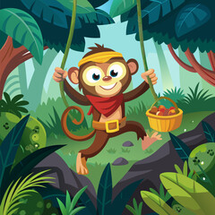 Naklejka premium Mischievous Monkey Swinging Through Jungle with Vine Illustration