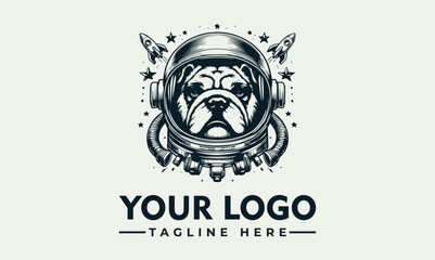 A bulldog astronaut's head, wearing a helmet, flanked by rockets and stars, forms a logo design.