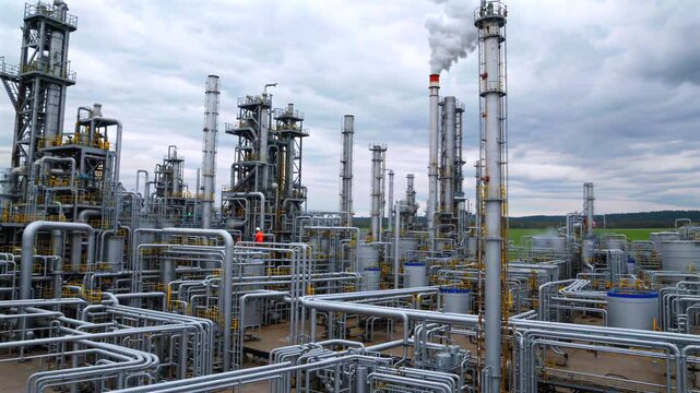 Industrial landscape showcasing metal infrastructure of oil refinery complex, featuring intricate network of pipelines, distillation units, storage tanks releasing smoky emissions