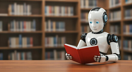 Cute humanoid robot reading red book inside library representing AI learning and knowledge acquisition