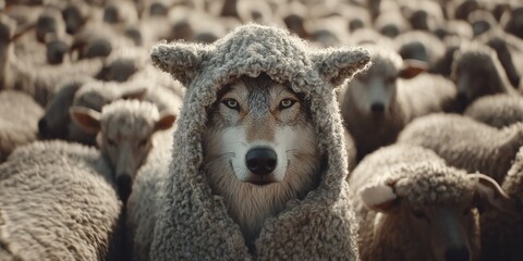 A wolf in sheep's clothing, surrounded by its unsuspecting flock. Metaphor for hidden dangers, appearances can be deceiving, and the wolf lurks in the crowd.