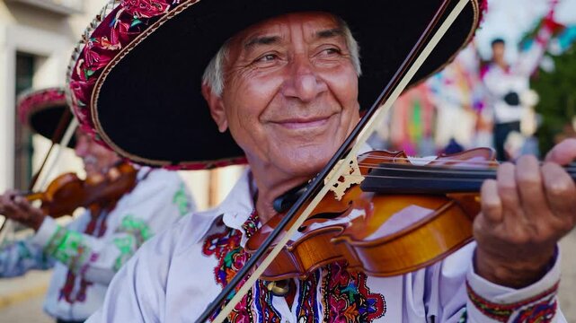 Elderly mariachi musician wearing traditional embroidered shirt and sombrero skillfully plays violin during vibrant mexican celebration, showcasing rich cultural heritage
