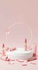 Pink Lipstick Tubes Rose Petals White Display Platform