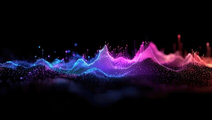 Abstract landscape of vibrant, particle-based mountains.  A horizontal band of multicolored, textured peaks and valleys composed of glowing, dispersed points of light against a deep black background