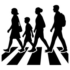 Family crossing street zebra crossing illustration black and white vector silhouette safety first pedestrian walk 100