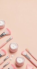 Pink Makeup Brushes Cream Jars Pale Pink Background