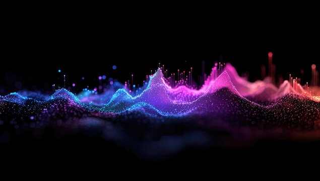 Abstract landscape of vibrant, particle-based mountains.  A horizontal band of multicolored, textured peaks and valleys composed of glowing, dispersed points of light against a deep black background