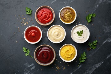 Set of various sauces. Popular sauces in bowls - ketchup, mustard, mayonnaise on dark stone table. Top view with copy space. Flat lay
