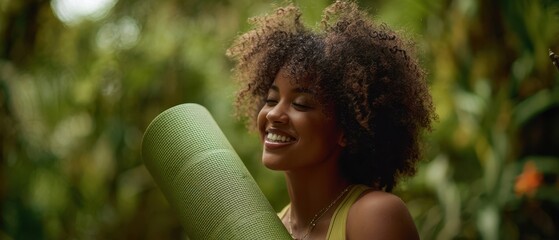 The joyful woman holding a yoga mat in a lush tropical setting.