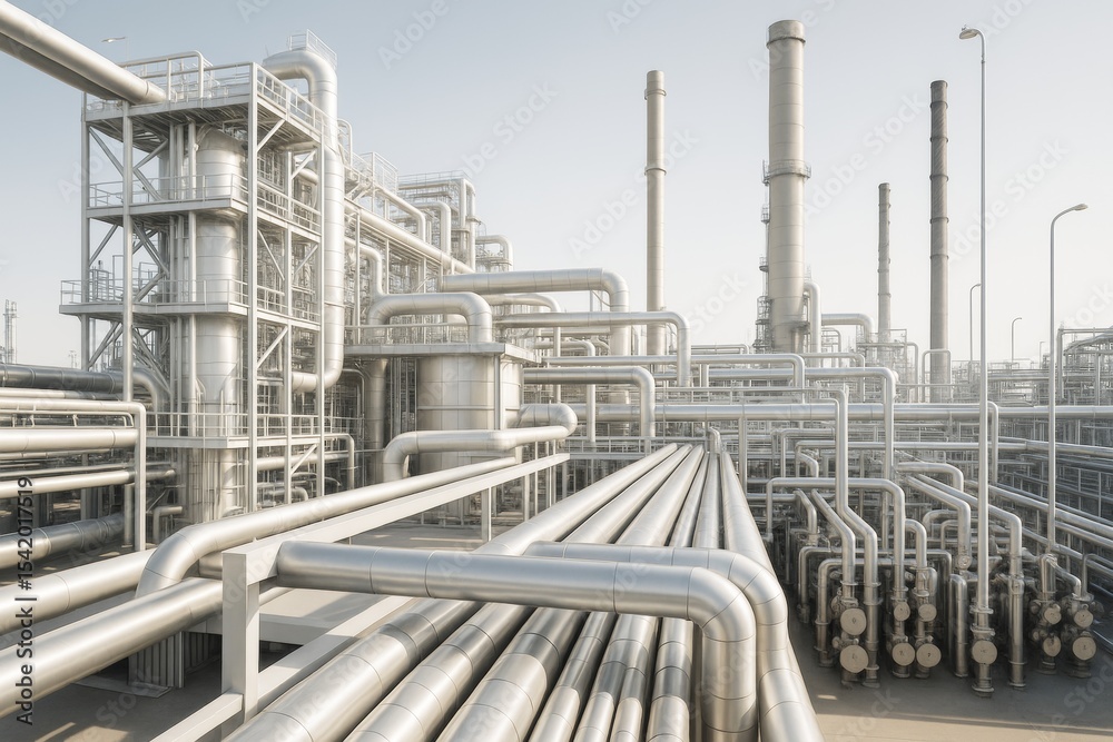 Aufkleber industrial refinery with complex pipeline systems and tall chimneys under clear sky in bright daylig