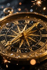 Obraz premium Vintage Golden Compass with Water Droplets and Sparks – Close-Up