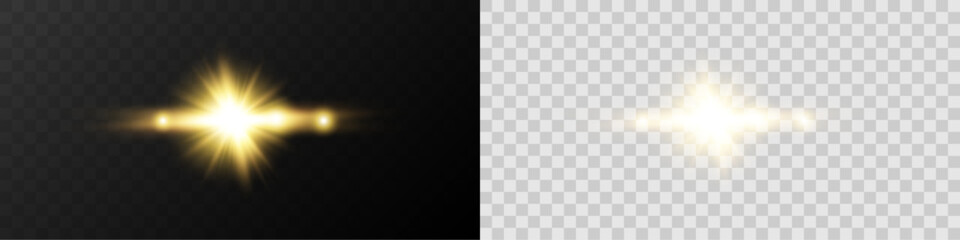 Realistic glowing ray of light with lens flare and radiant explosion on a transparent background for overlay