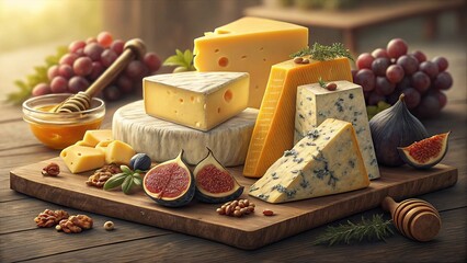 Cheese platter featuring a rich selection of cheeses, fruits, and nuts on a wooden board, perfect for food styling, gourmet meals, and rustic presentation