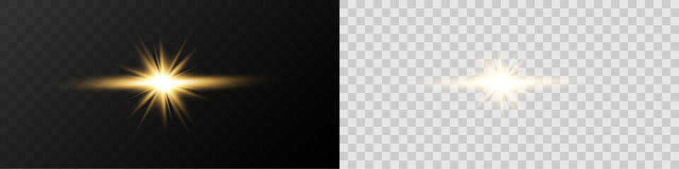 Realistic glowing ray of light with lens flare and radiant explosion on a transparent background for overlay