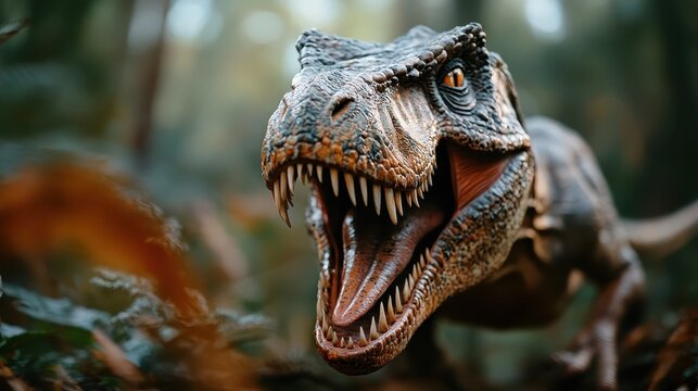 A lifelike depiction of a roaring Tyrannosaurus Rex in a dense jungle, showcasing its immense size and terrifying presence, encapsulating the fierce essence of prehistoric life.