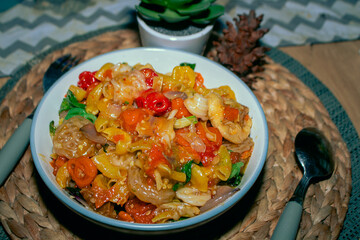 Fresh And Hot Seblak With Toppings On Plate Close Up Shot