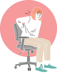 Stressed Woman in an Office Chair Cartoon Illustration of Work-Related Back Pain. Hand drawn style vector design illustrations.
