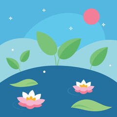Serene lotus pond illustration with leaves and a pink sun on a clear blue day