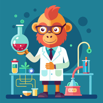 Scientist Monkey in a Lab Coat Conducting Experiments Illustration