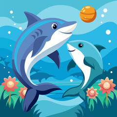 Naklejka premium Shark and Dolphin Face Off in the Ocean Vector Illustration