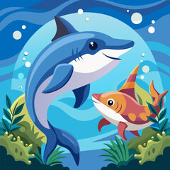 Naklejka premium Shark and Dolphin Face Off in the Ocean Vector Illustration