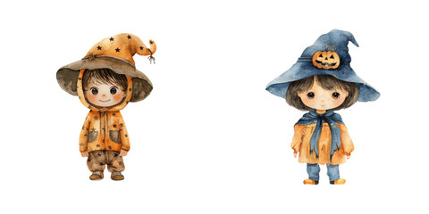 cute kid wearing halloween clothes watercolor vector illustration