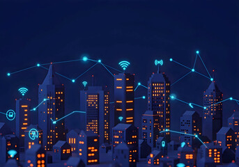 Connected smart city skyline with wireless AI network overlays above modern buildings AI Agent AGI ASI