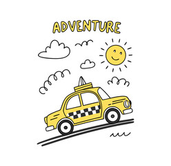 Taxi adventure on road t-shirt graphic design vector illustration 
