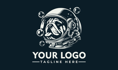 Pug dog wearing an astronaut helmet, surrounded by bubbles, a logo design.