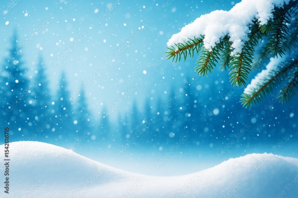 Poster Snow-covered pine tree branch with snowfall in winter forest landscape on blue background with soft light and abstract natural atmosphere.
