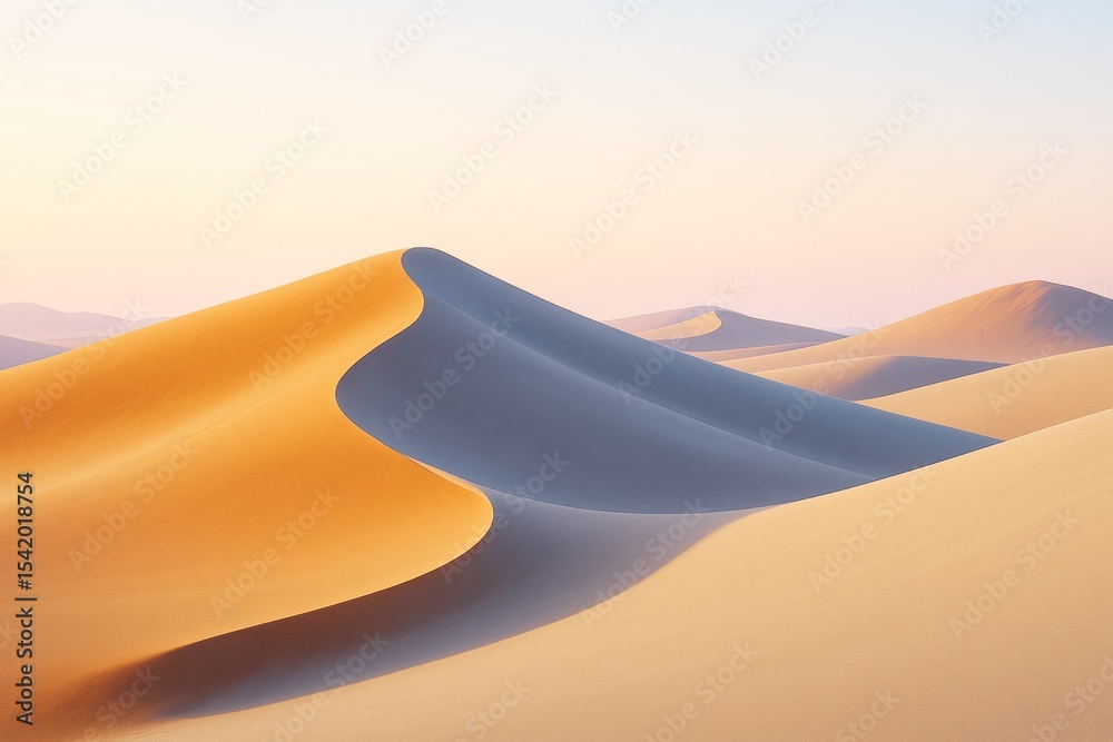 Poster golden sand dunes under soft pastel sky with smooth curves and shadows in a tranquil desert landscap