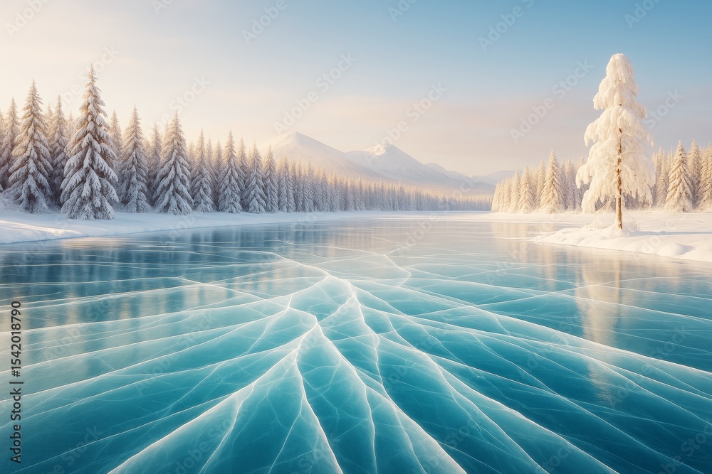 Poster frozen lake with cracked ice surface surrounded by snowy pine forest and glowing mountain background