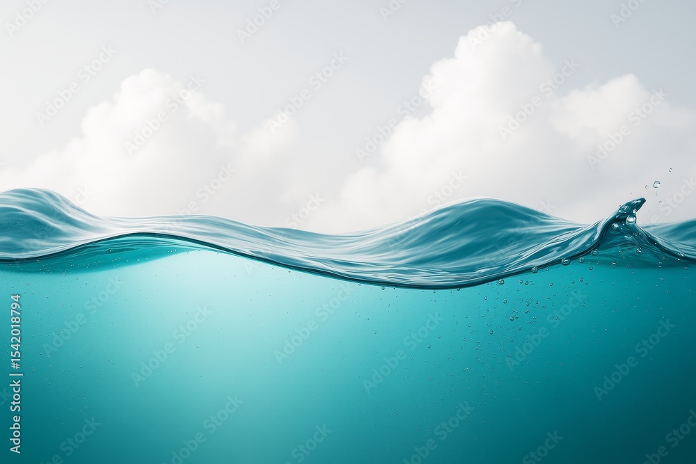 Poster crystal clear ocean wave with underwater view and soft clouds in the sky on a light background, peac