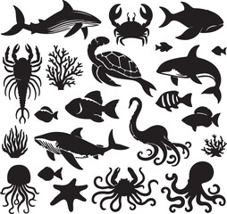 Set of sea animal silhouettes vector