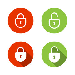 Lock and unlock padlock icon with long shadow. Data encryption sign symbol