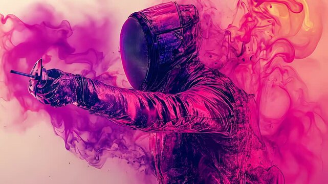 Fencer man in abstract art performing lunge. Sports action and artistic expression with fluid digital painting effect footage.